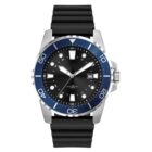 A stainless steel watch with a black and blue bezel, black face, silver hour markers, and a date display at 3 oclock. It has a black rubber strap and a chunky, sport-style design.