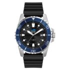 A wristwatch with a black and blue bezel, black dial, and silver hour markers. The watch has a black rubber strap and displays the date at the three oclock position.