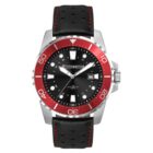 A Bridgestone wristwatch featuring a black dial with silver and white markers, a date display, and luminous hands. The watch has a bold red bezel marked with numbers and a black perforated strap with red stitching.