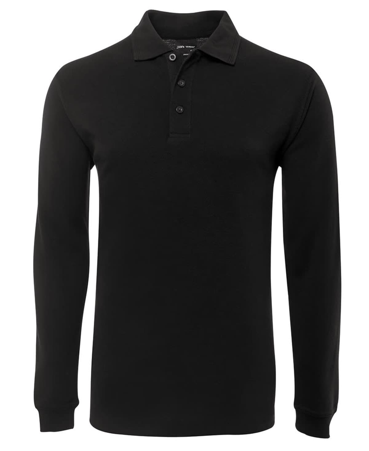 A long-sleeved black polo shirt with a collar and three buttons on the front. The shirt appears plain without any visible logos or designs.