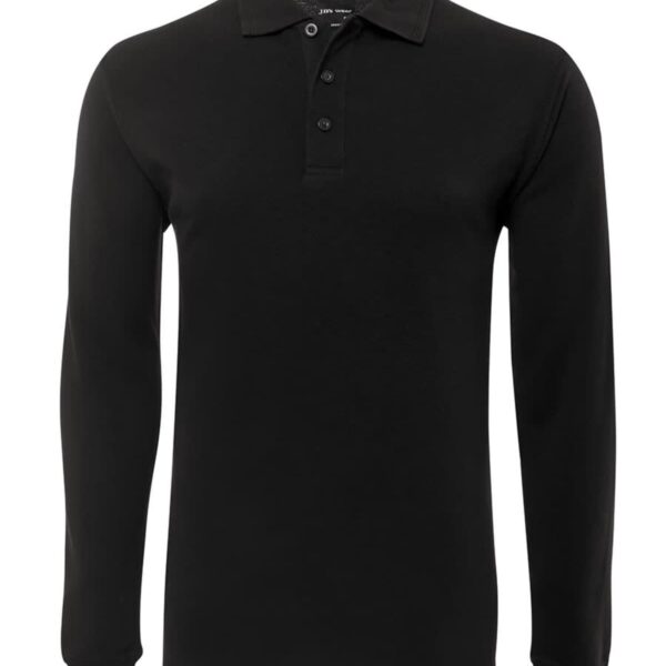 A black long-sleeve polo shirt with a classic collar and three buttons. The shirt is displayed on a plain white background.
