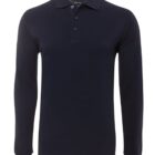 A long-sleeve, dark navy polo shirt with a three-button placket and a classic collar, displayed against a white background.