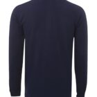 A back view of a long-sleeved, dark navy blue polo shirt. The shirt features a collar and ribbed cuffs, with no visible logos or designs.