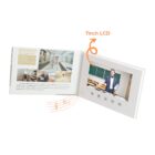 An open brochure featuring a 7-inch LCD screen displaying a man speaking in a classroom. The left side shows images of architectural interior designs. Musical notes indicate sound.