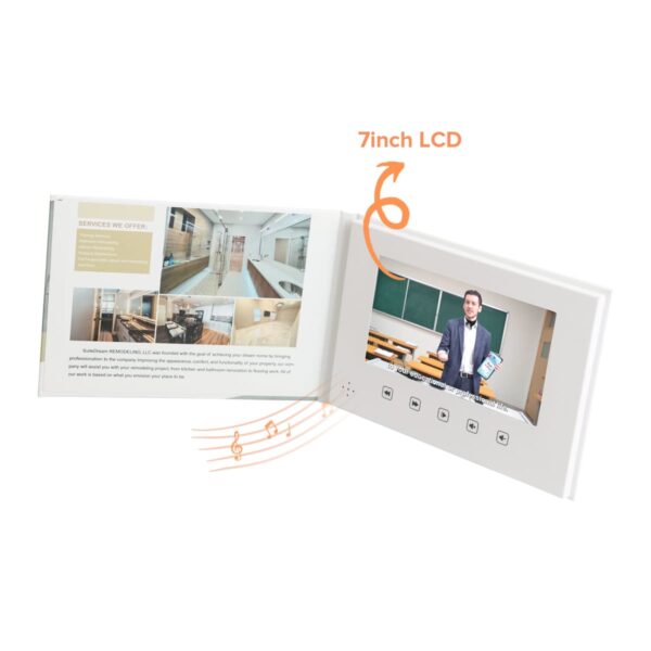 An open brochure featuring a 7-inch LCD screen displaying a man speaking in a classroom. The left side shows images of architectural interior designs. Musical notes indicate sound.