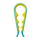 A colorful jar opener with a yellow rubber grip and blue plastic handles, designed with ridges for improved grip. The circular opening is intended for gripping and twisting jar lids of various sizes.