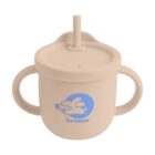 A beige sippy cup with dual handles and a straw lid. It features a blue logo with a cartoon rabbit and the word Leveret on the front. The cup is simple and designed for easy use by young children.