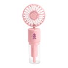 A pink handheld fan with a cylindrical base branded Halal in purple. The fan has a clear attachment below the fan blades, designed for portability and easy handling.