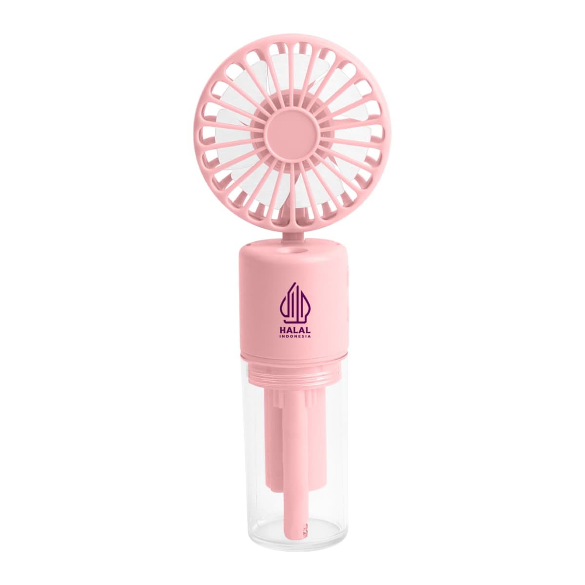 A pink handheld fan with a cylindrical base branded Halal in purple. The fan has a clear attachment below the fan blades, designed for portability and easy handling.