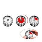 Three stainless steel kitchen timers are shown. The central timer has a red section marking 15 minutes. Below, a close-up shows fingers adjusting a similar timer.