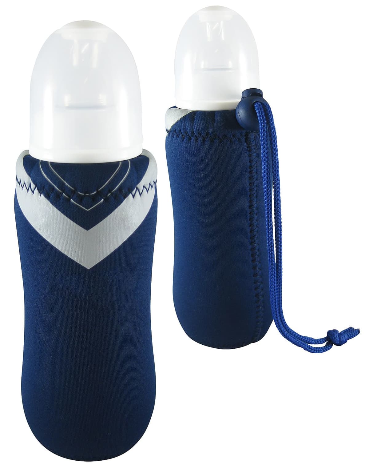 Two blue neoprene baby bottle holders with a silver chevron pattern. Each holder has a white cap, and one features a drawstring for carrying. The holders are designed to insulate and protect bottles while on the go.