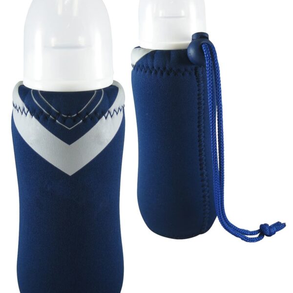 Two baby bottles with blue and gray sleeves and white lids. Each bottle has a navy blue handle strap attached to the sleeve for easy carrying.