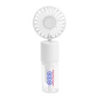 A small, portable white fan attached to a clear container, with NSK logo and Company Name Here printed on it. The fan has a circular blade guard and a simple, minimalist design.