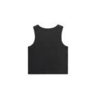 A black sleeveless tank top is shown on a plain white background. The image displays the back view of the garment, highlighting its simple and minimalist design.