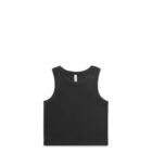 A black sleeveless tank top is displayed against a plain white background, showcasing its simple design and round neckline.