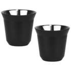 Two black and silver stainless steel cups with a matte finish are displayed against a white background. The cups have a sleek, modern design with flared rims.