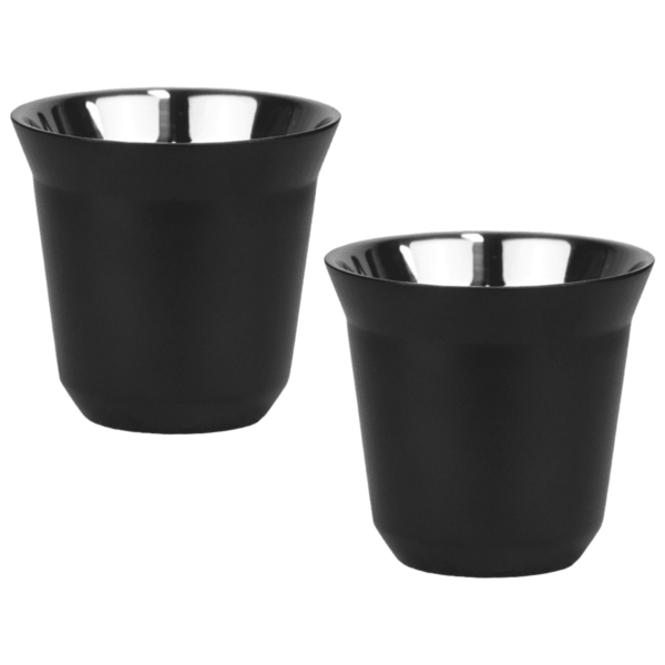 Two black stainless steel cups with reflective interiors are shown against a plain white background. The cups have a simple and modern design.