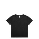 A plain black T-shirt is laid out flat against a white background. The T-shirt has a round neckline and short sleeves, with a simple and classic design.