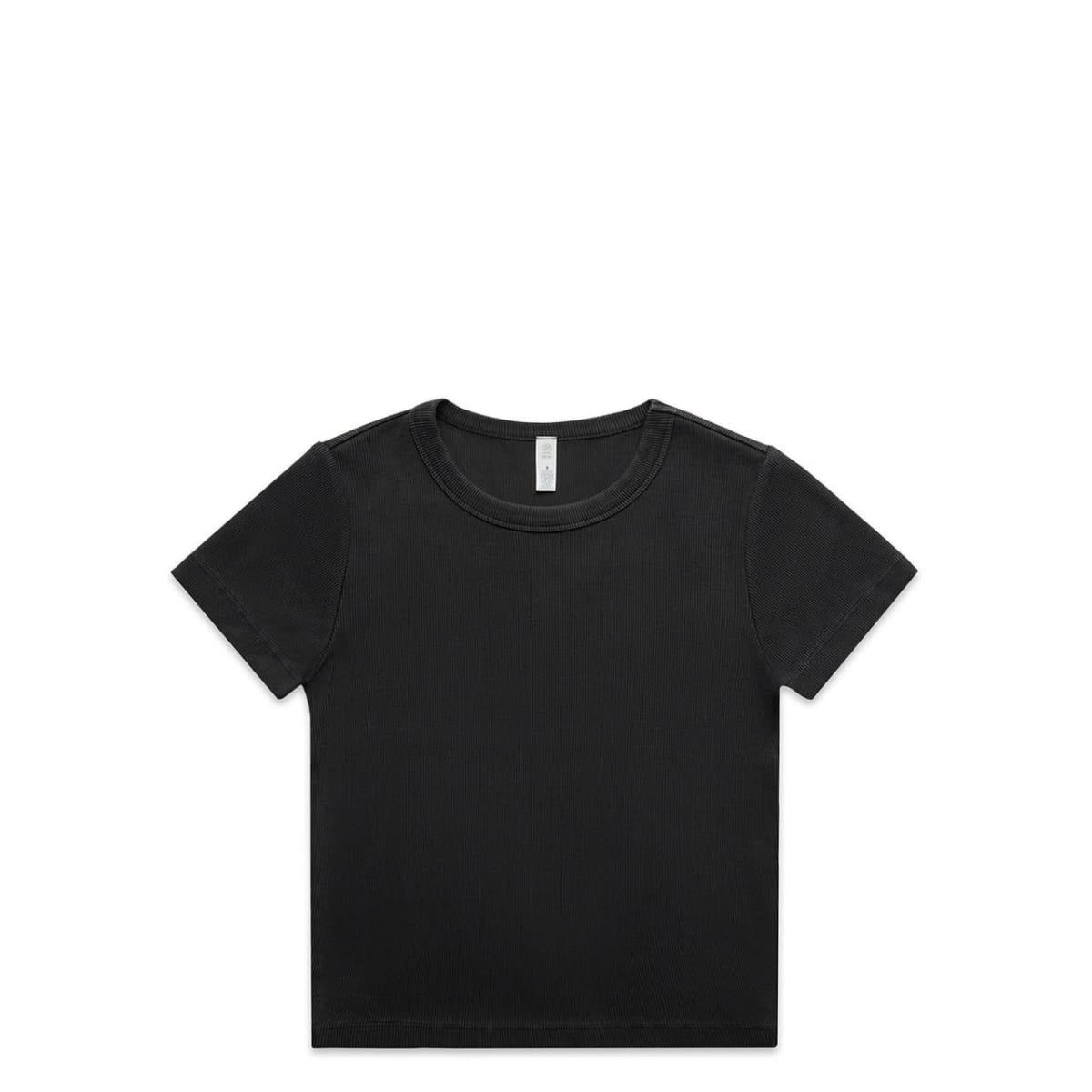 A plain black T-shirt is laid out flat against a white background. The T-shirt has a round neckline and short sleeves, with a simple and classic design.