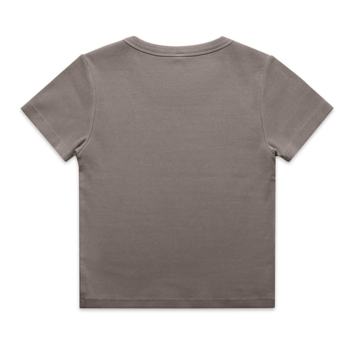 A plain, gray short-sleeved T-shirt displayed flat against a white background. The T-shirt is shown from the back, highlighting its simple and minimalist design.