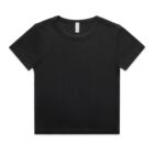 A plain black T-shirt displayed on a white background. The T-shirt features short sleeves and a round neckline.