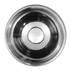 A shiny, empty metallic bowl viewed from above on a plain white background. The bowls reflective surface creates various light and shadow patterns within its circular shape.