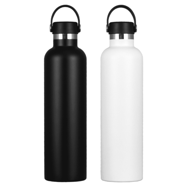 Two stainless steel water bottles stand side by side. The bottle on the left is black, and the one on the right is white. Both have a silver band near the top and a black handle on the cap. The background is plain white.