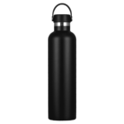 A sleek black stainless steel water bottle with a black loop handle attached to its lid, standing upright against a white background. The bottle is minimalist in design.