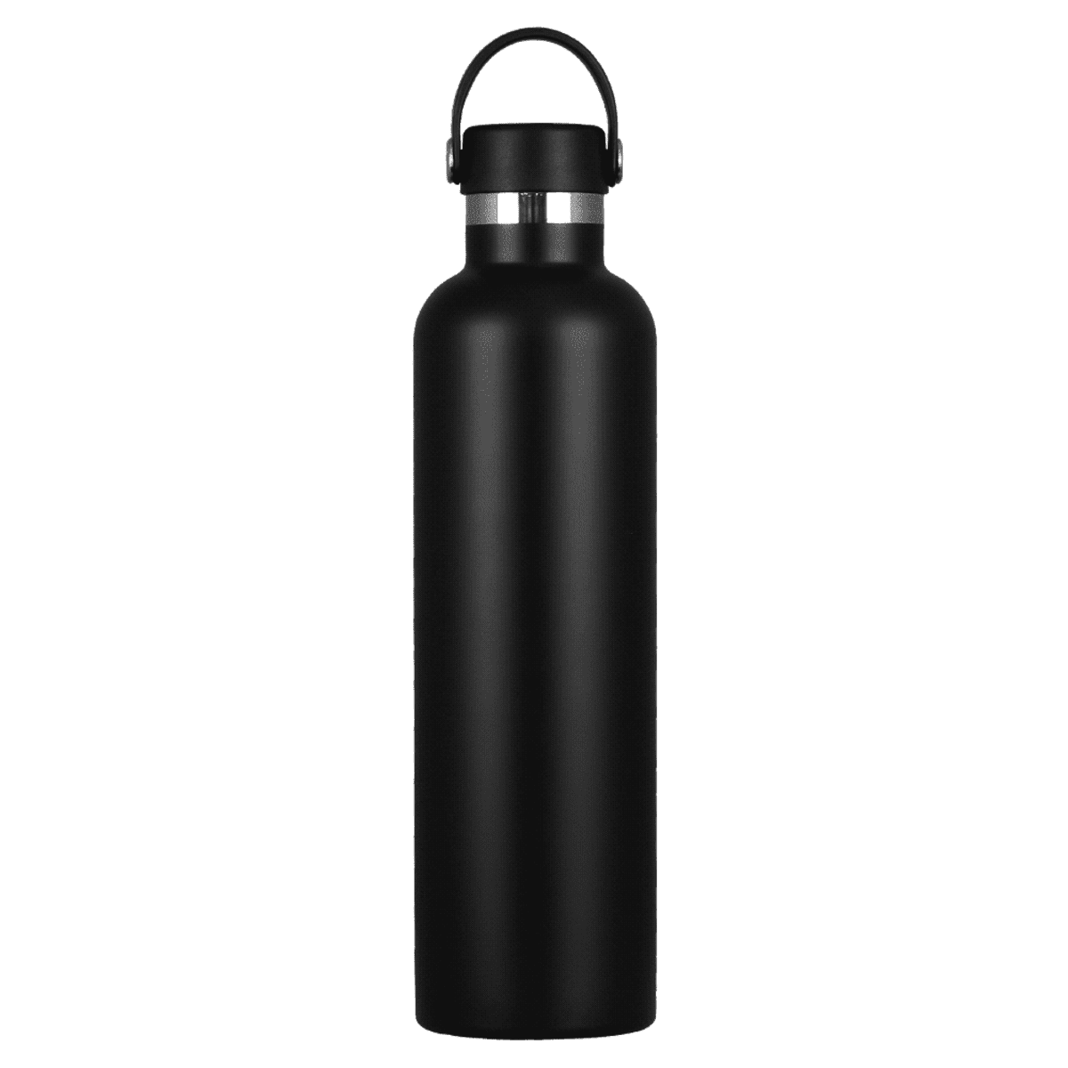 A sleek black stainless steel water bottle with a black loop handle attached to its lid, standing upright against a white background. The bottle is minimalist in design.