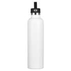 A plain white insulated water bottle with a black lid and carry handle, standing upright against a white background.