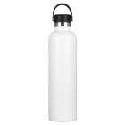 A tall, white reusable water bottle with a black screw-on lid and a black carrying handle. The bottle has a sleek, minimalist design and appears to be made of stainless steel.