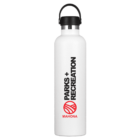 White water bottle with a black handle. It features bold black text reading PARKS + RECREATION and a red circular logo with MAHONA below it.