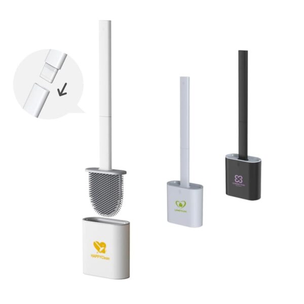 Three toilet brushes with holders in white, light gray, and black are displayed. One brush shows a close-up of its flexible bristles. The holders have different logos: a heart, leaf, and flower.