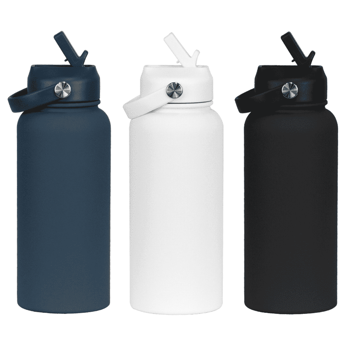 Three insulated water bottles with flip straw lids are arranged side by side. The bottles are colored navy blue, white, and black. Each bottle features a carrying handle attached to the lid.