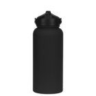 A black, matte, reusable water bottle with a screw-on lid and a small handle on each side of the cap, set against a plain white background.