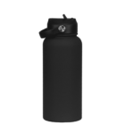 A black, matte-finish reusable water bottle with a wide mouth and a loop handle on the lid, standing upright against a plain white background.