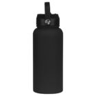 A black, insulated water bottle with a lid and carrying handle, isolated against a plain white background.