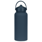 Dark blue insulated water bottle with a screw-on cap and a carrying handle, set against a plain white background.