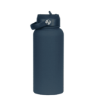 A navy blue, insulated water bottle with a secure screw-on lid and a small handle. The lid features a button for easy opening. The bottle has a matte finish and is set against a plain white background.