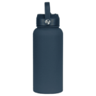 A navy blue insulated water bottle with a lid and carrying handle, standing upright against a plain white background.