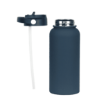 Dark blue insulated water bottle with a silver screw-on lid next to a black flip-top straw lid. The bottle and lids stand on a plain white background.