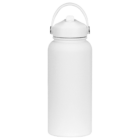 A white, insulated stainless steel water bottle with a lid and carrying handle is centered against a white background. The bottle has a wide body and a simple, sleek design.