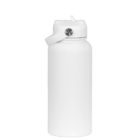 A white, insulated water bottle with a wide mouth and carrying strap stands against a plain white background. The lid features a small button for opening and a spout for drinking.
