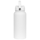 A white insulated water bottle with a handle on the lid. The bottle has a sleek, cylindrical design with a matte finish.