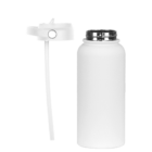 A white water bottle with a lid and straw is displayed. The lid is detached and placed to the left of the bottle, showing the internal straw. The bottle has a simple, sleek design, suitable for drinking on the go.