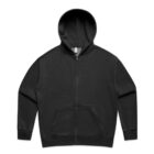 Black zip-up hoodie with front pockets and a hood, laid flat on a white background.