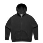 Black zip-up hoodie with front pockets and a hood, laid flat on a white background.