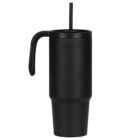A black matte stainless steel tumbler with a handle and straw. The tumbler has a sleek, tall design and narrow base.