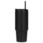 A tall, sleek black tumbler with a matching lid and straw. The design is minimalist and modern, suitable for hot or cold beverages.