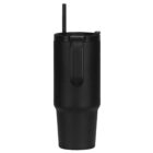 A tall, black insulated tumbler with a handle and a black straw. The design is sleek and modern, suitable for hot or cold beverages.